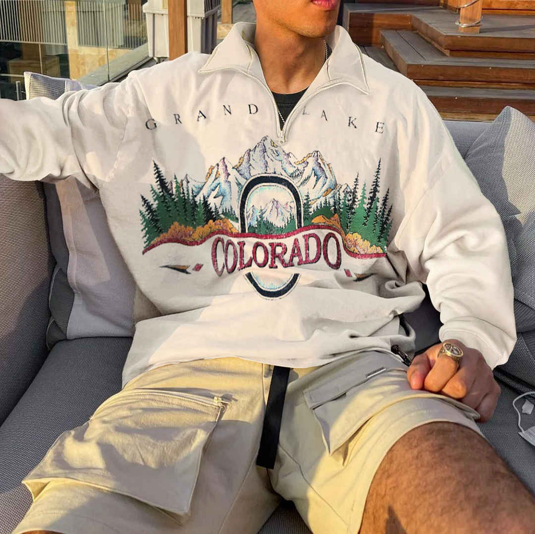 Men's Vintage Colorado Print Long Sleeve Zip Polo Neck Oversize Sweatshirt