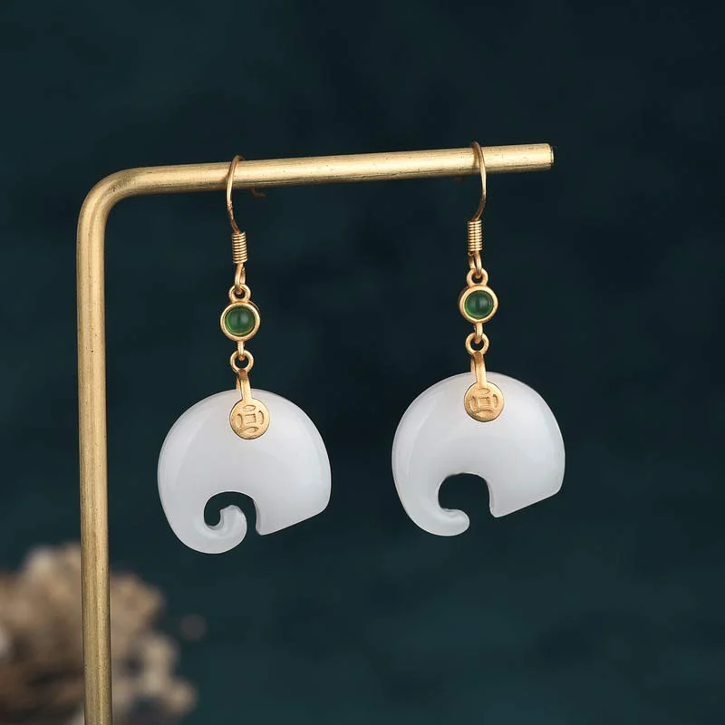 FengShui Elephant White Jade Fortune Earrings