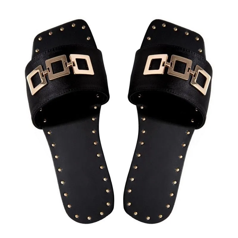 2021 Summer Women Slipper Flat Fashion Female Shoes Square Toe Flat Round Buckle Decoration Solid Flats Sandals  Beach Shoes