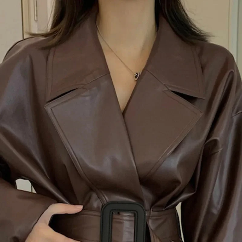Huiketi Autumn Long Oversized Brown Faux Leather Trench Coat for Women Belt Runway Stylish Loose European Style Fashion 2023