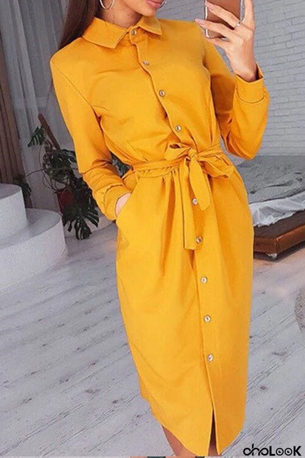 Women's Dresses Lapel Button Tie Long Sleeve Shirt Dress