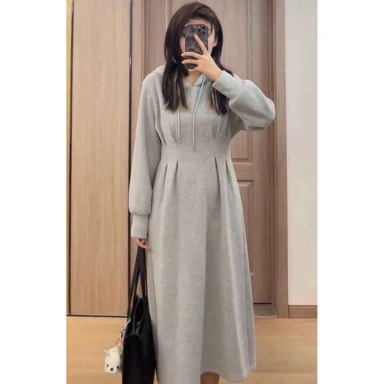 M-4XL Plus Size Grey Fleece Hoodie Dress SP16702