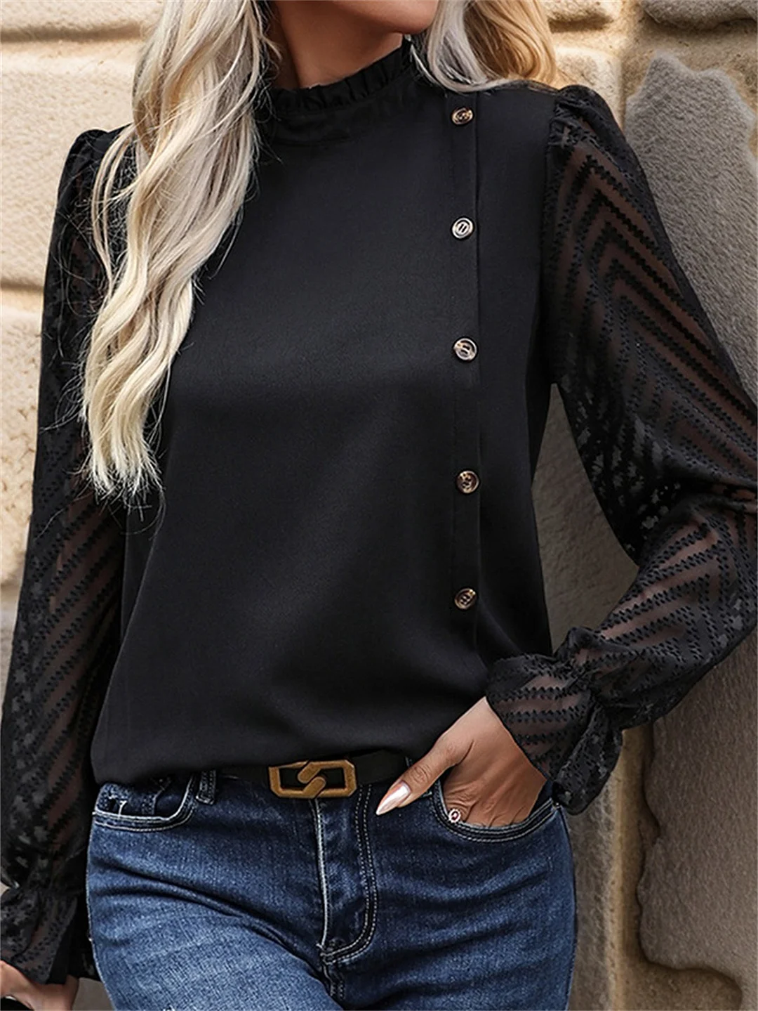 Women Long Sleeve Turtle Neck Solid Color Lace Tops