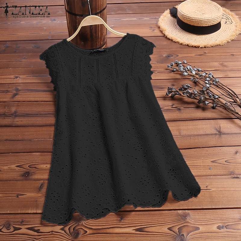 ZANZEA 2021 Summer Tanks Tops Fashion Women Sleeveless Hollow Out Shirt Lace Crochet Vest Tee Solid Casual White Top Work Blusas