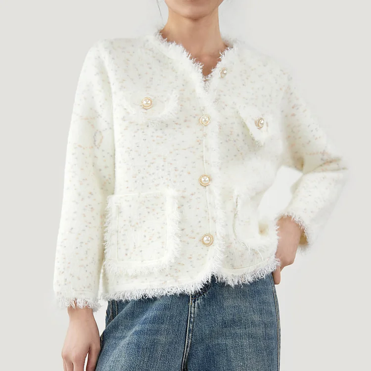 White Patched Pocket Frayed Trim Cardigan QueenFunky