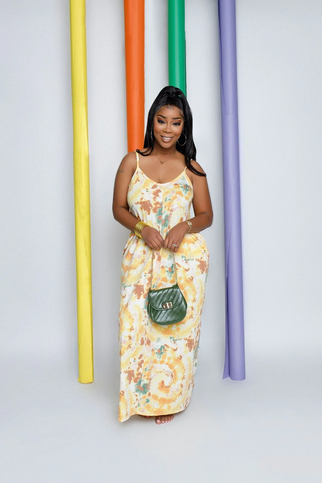 Printed Tie-Dyed Sexy Sling V-Neck Dress Long Skirt