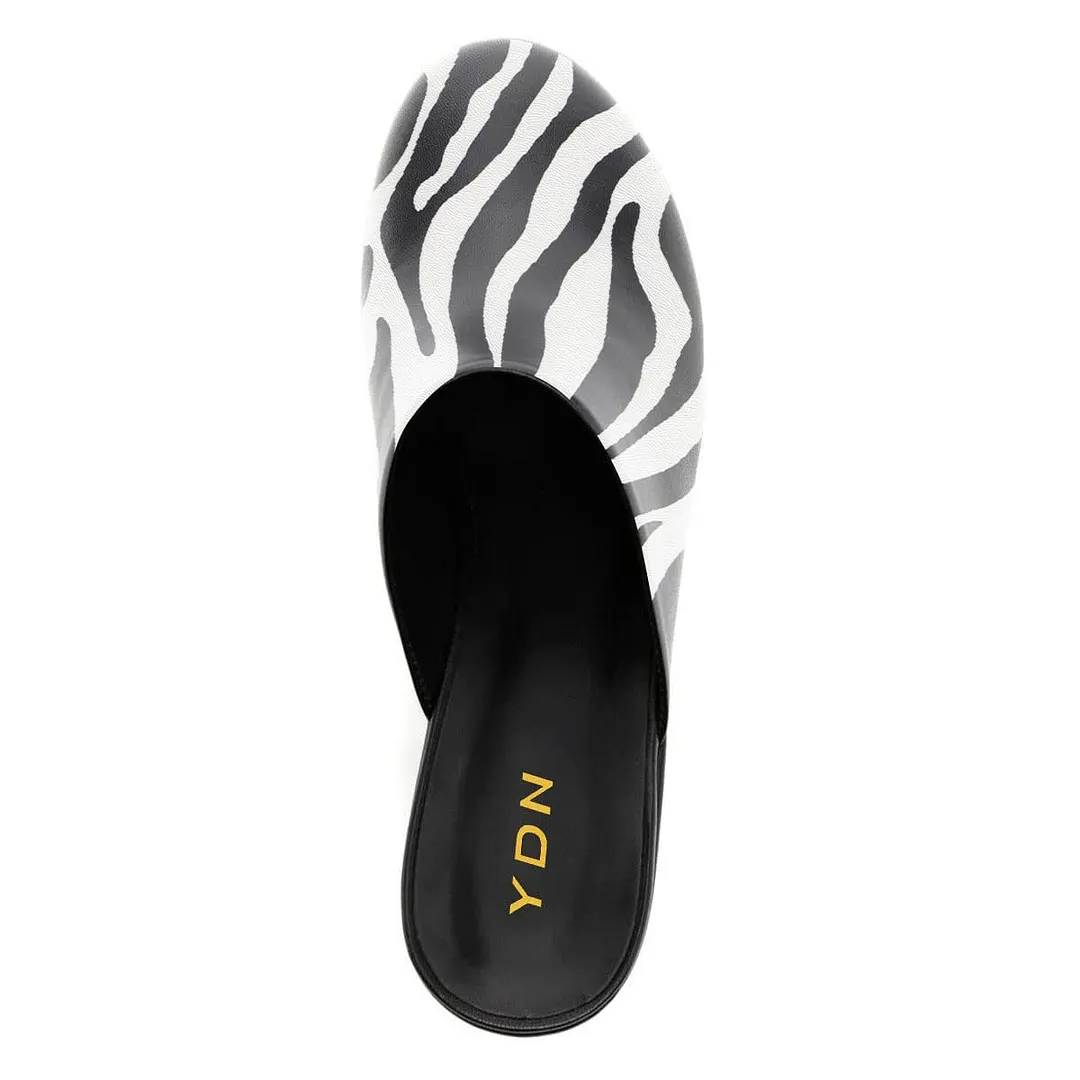 Black & White Block Heel Zebra Print Platform Women's Mules Shoes