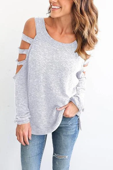 Round Neck Hollow Out Long Sleeves T-Shirts