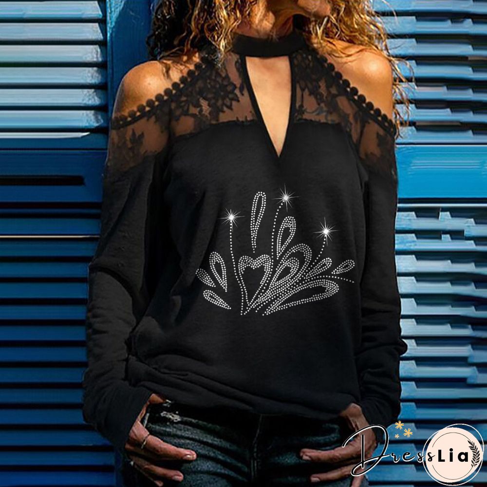 Hollow Shoulder Rhinestone Black Top