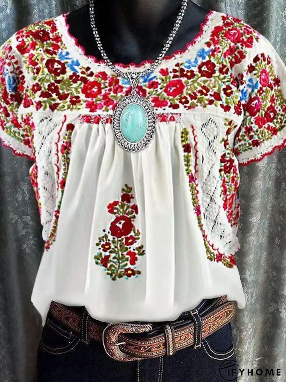 Women's T shirt Tee White khaki Floral Print Short Sleeve Holiday Weekend Basic Round Neck Regular Floral Painting S | IFYHOME