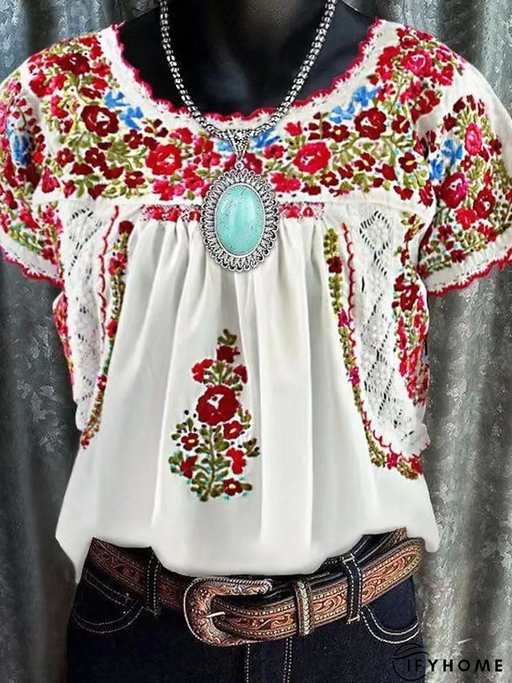 Women's T shirt Tee White khaki Floral Print Short Sleeve Holiday Weekend Basic Round Neck Regular Floral Painting S | IFYHOME