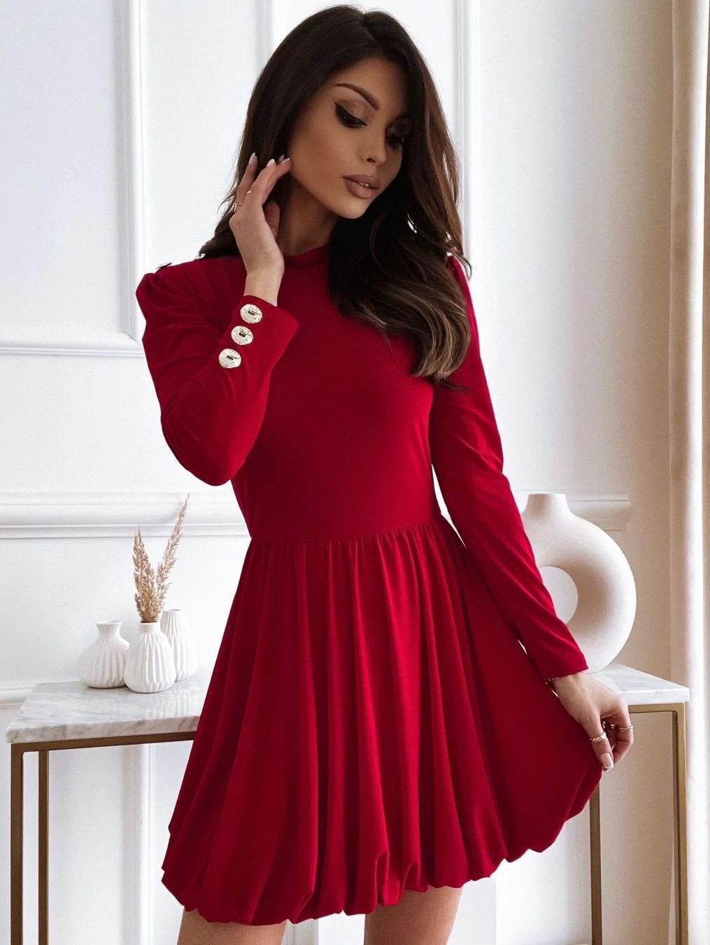 Women's Long Sleeve Solid Color Button Dress