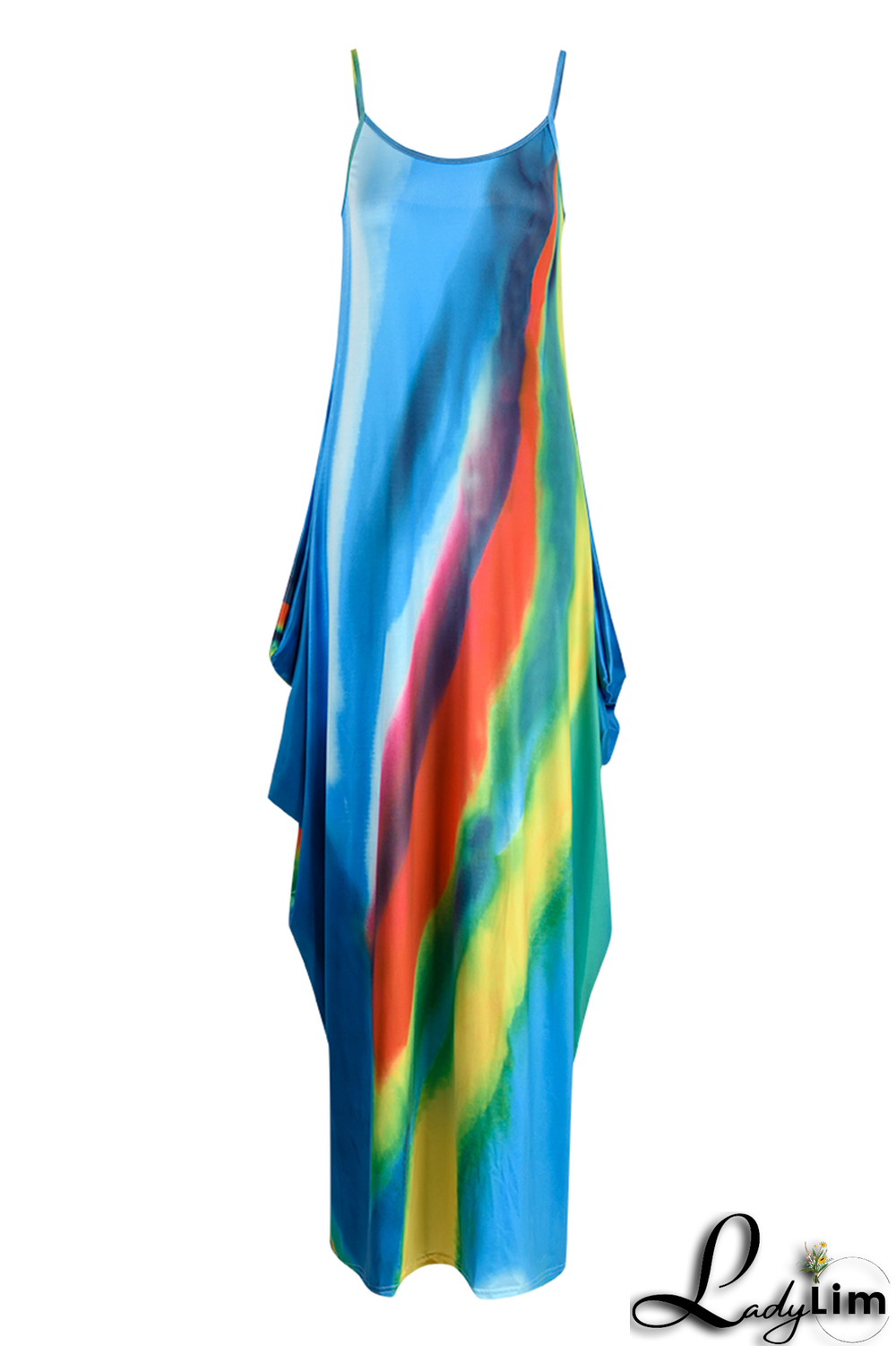 Sky Blue Sexy Print Split Joint Spaghetti Strap Straight Dresses