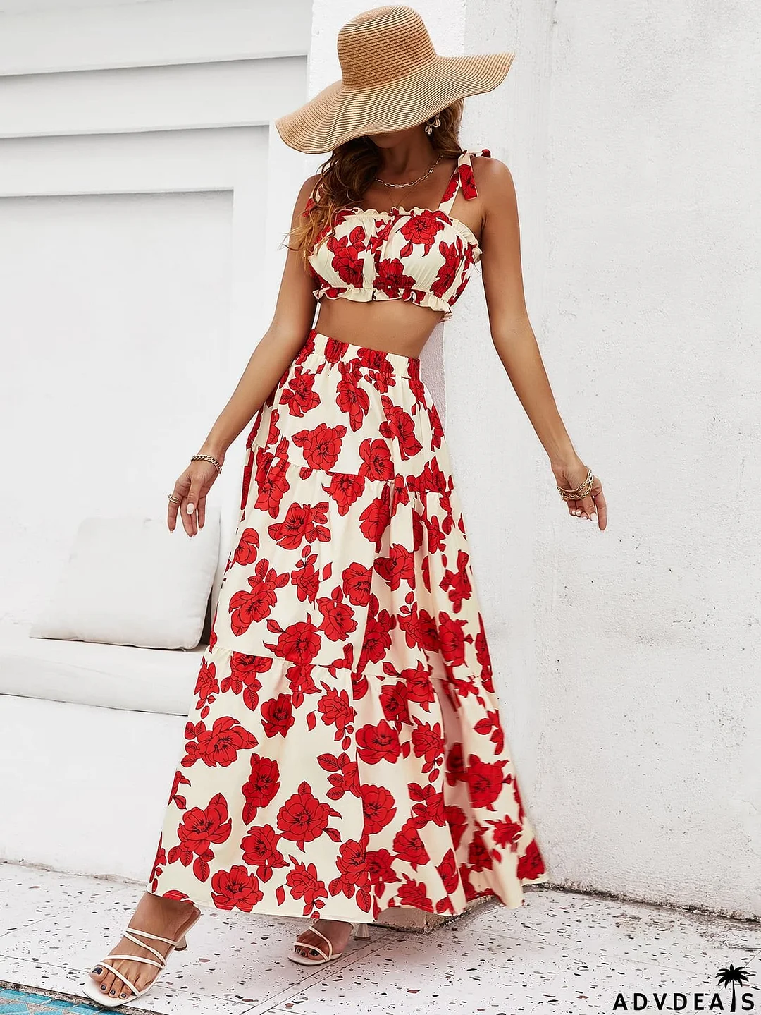 Floral Tie Shoulder Top and Tiered Maxi Skirt Set