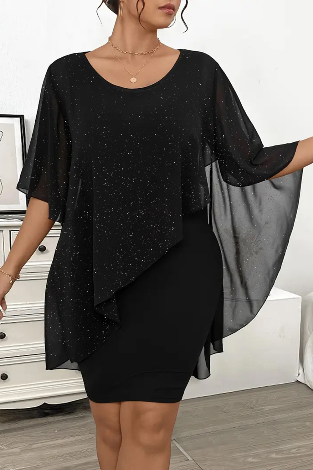 Plus Size Party Black Chiffon Silver Foil Asymmetrical Cape Sleeve Bodycon Midi Dress 2024 - Flycurvy 