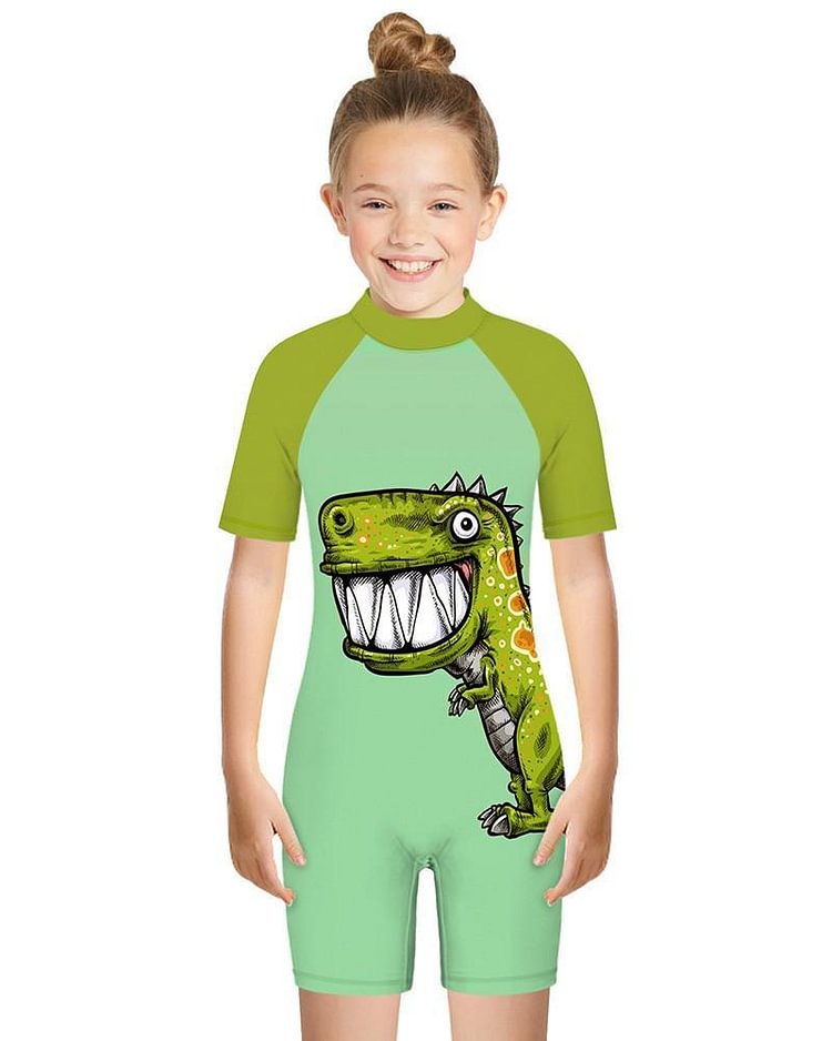 Dinosaur Print Girls Boys Short Sleeve One Piece Rash Guard Swimsuit-Mayoulove