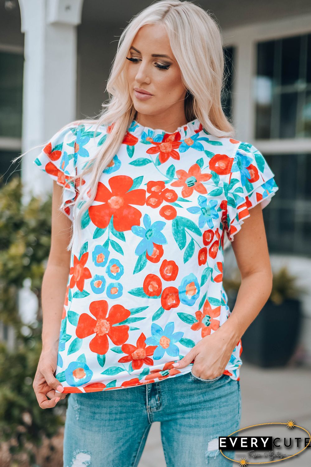 White Floral Print Frilled Neck Ruffled Sleeve Top