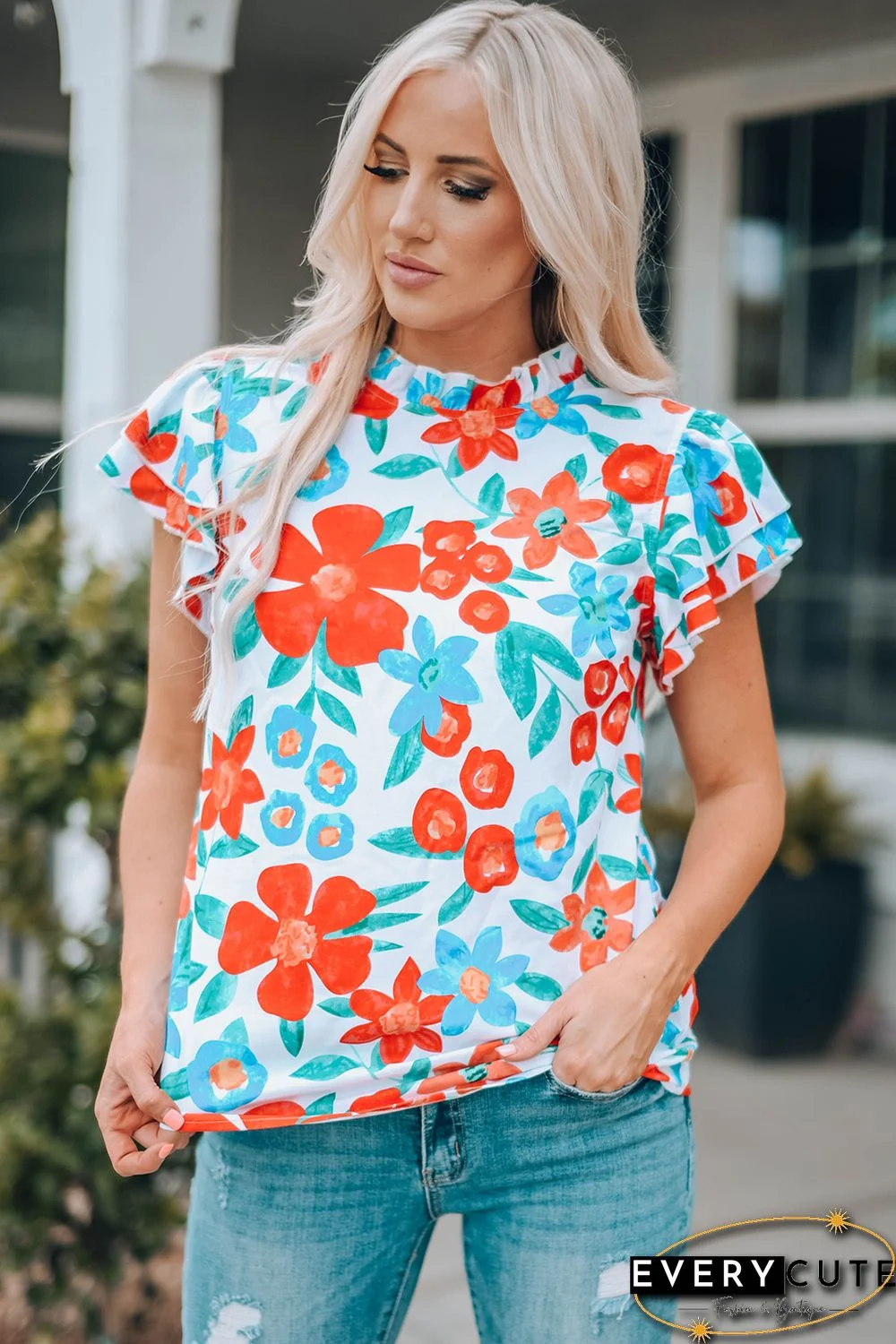 White Floral Print Frilled Neck Ruffled Sleeve Top