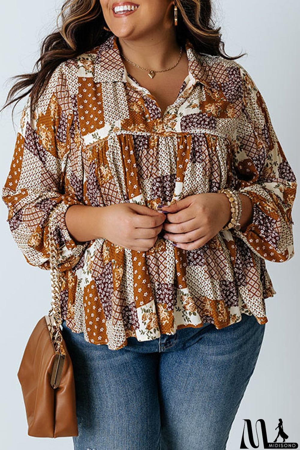 MidiSono - Turn-down Neck Mixed Print Plus Size Shirt