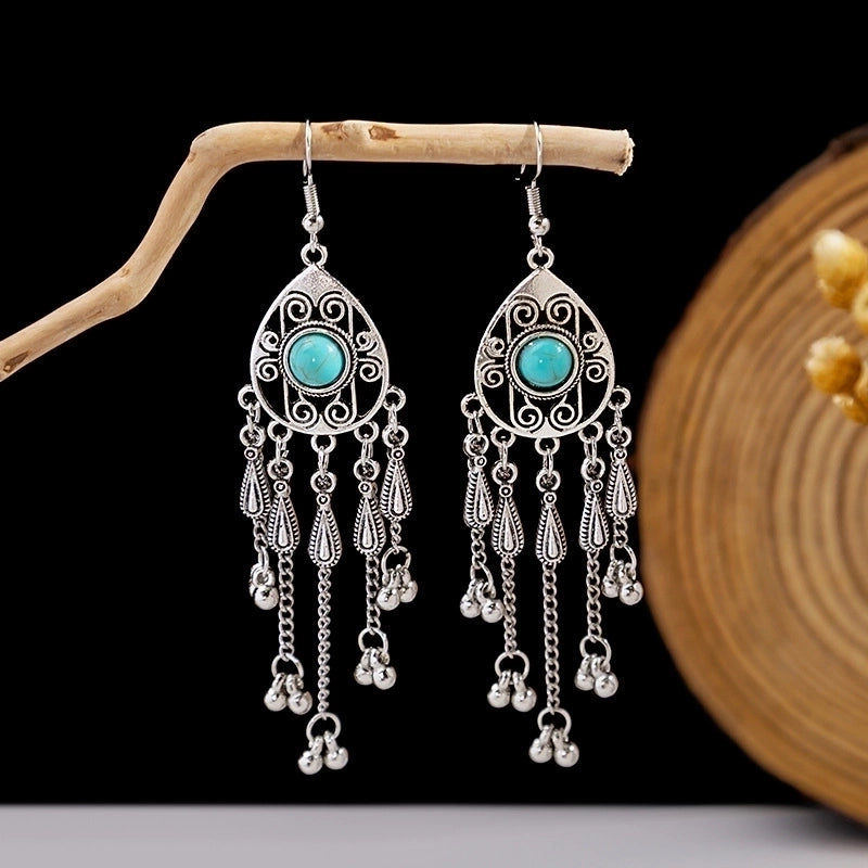 Bohemian Blue Turquoise National Style Earrings Imitation Miao Silver Metal Earrings Vintage Tassel Earrings