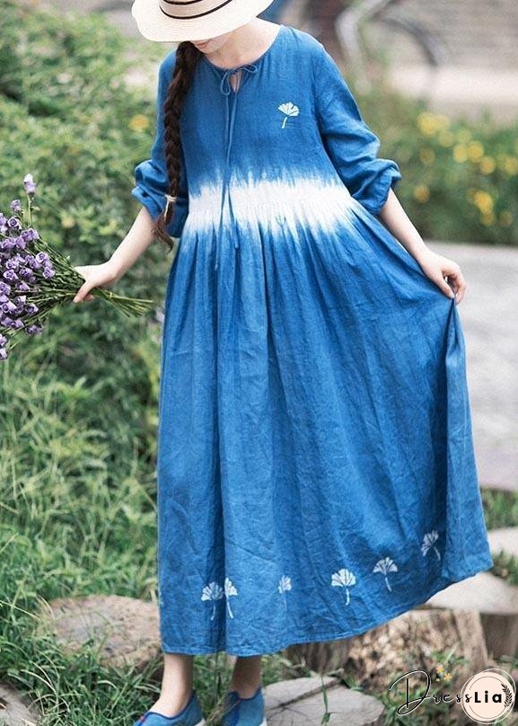 Organic Blue Print Tunic O Neck Cinched Art Dress