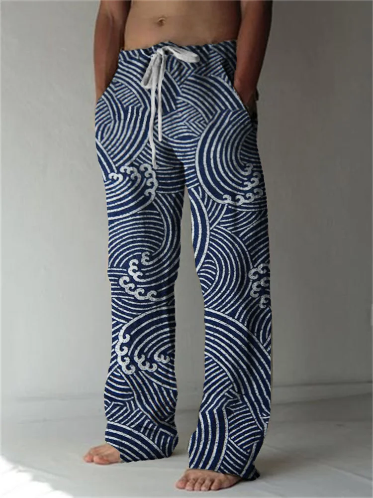 Comstylish Sea Waves Japanese Lino Pattern Linen Blend Casual Pants