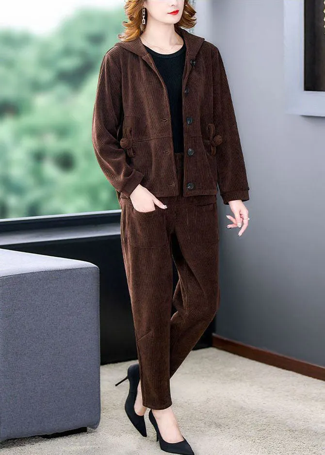 Coffee Thick Corduroy Coats And Harem Pants Two Pieces Set Hooded Winter