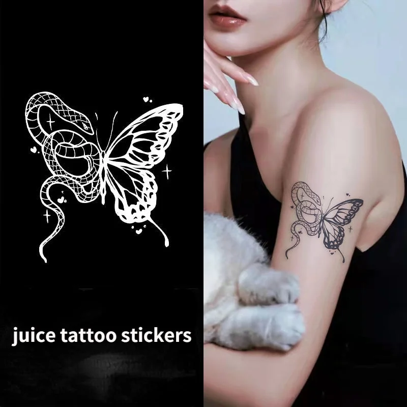 Sdrawing New Dark Snake Butterfly Dancing Hot Girl Chest Herbal Juice Tattoo Stickers Lasting Waterproof Temporary Tattoo Stickers