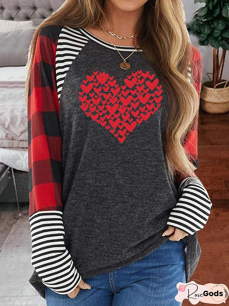 Valentine's Day Shirt For Women Love Heart Print Graphic Tee Tops Buffalo Plaid Long Sleeve T-Shirts Tops