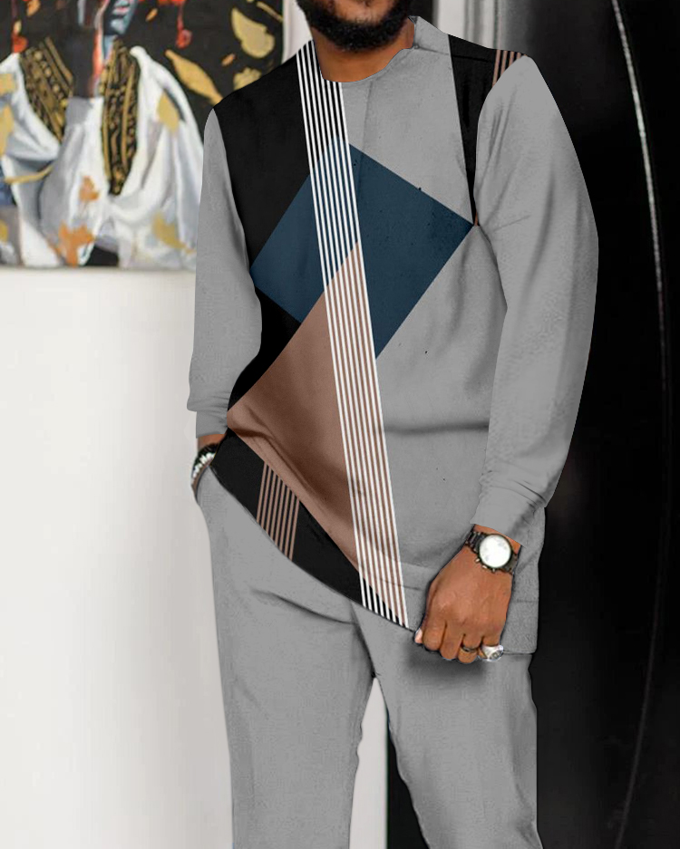 Men's Colorblock Printed Long Sleeve Walking Suit - 894
