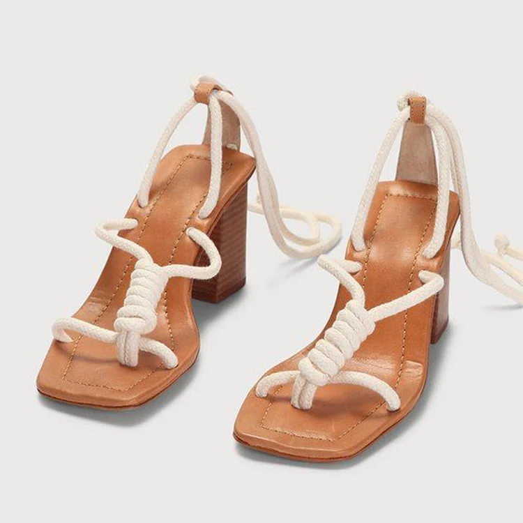 Beige & Khaki Wrapped Thong Sandals Women'S Square Toe Chunky Heel Classic Office Shoes |FSJ Shoes