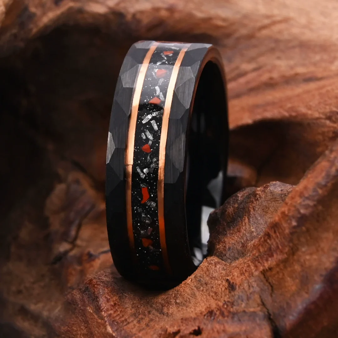 6MM 8MM Dinosaur Fossil Inlay Tungsten Carbide Rings Electroplated Black Tungsten Wedding Bands