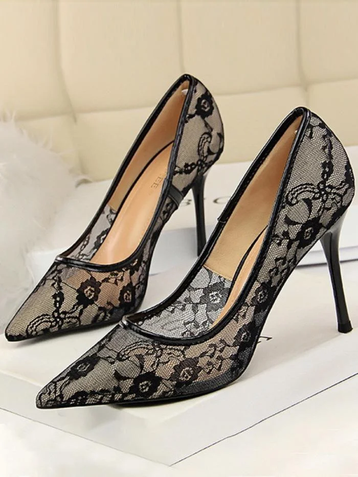 Sexy stiletto high heel shallow mouth pointed toe mesh hollow lace single shoes