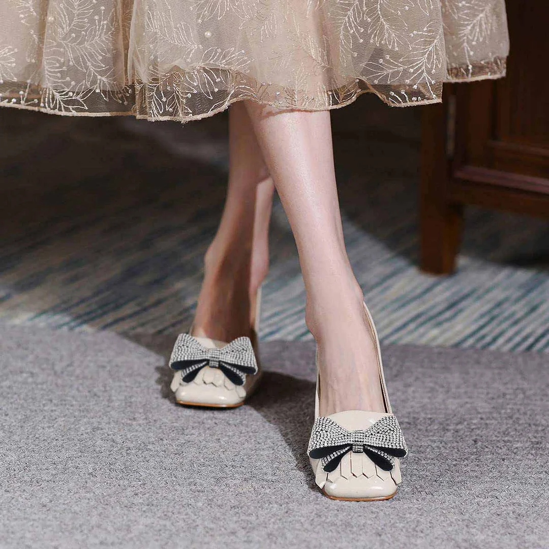 Beige Fringe Chunky Heel Rhinestone Bow Square Toe Pumps for Women