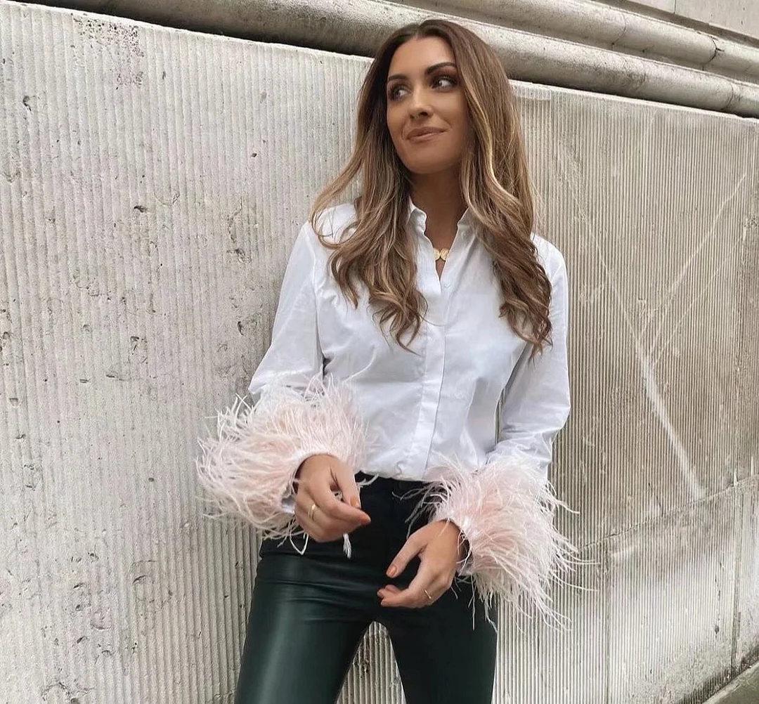 Back to school  Elegant Feathers Long Sleeve Shirt Casual Turn Down Collar Buttons Blouse Women Solid Chic Tops Streetwear Tunics Clothing 2022
