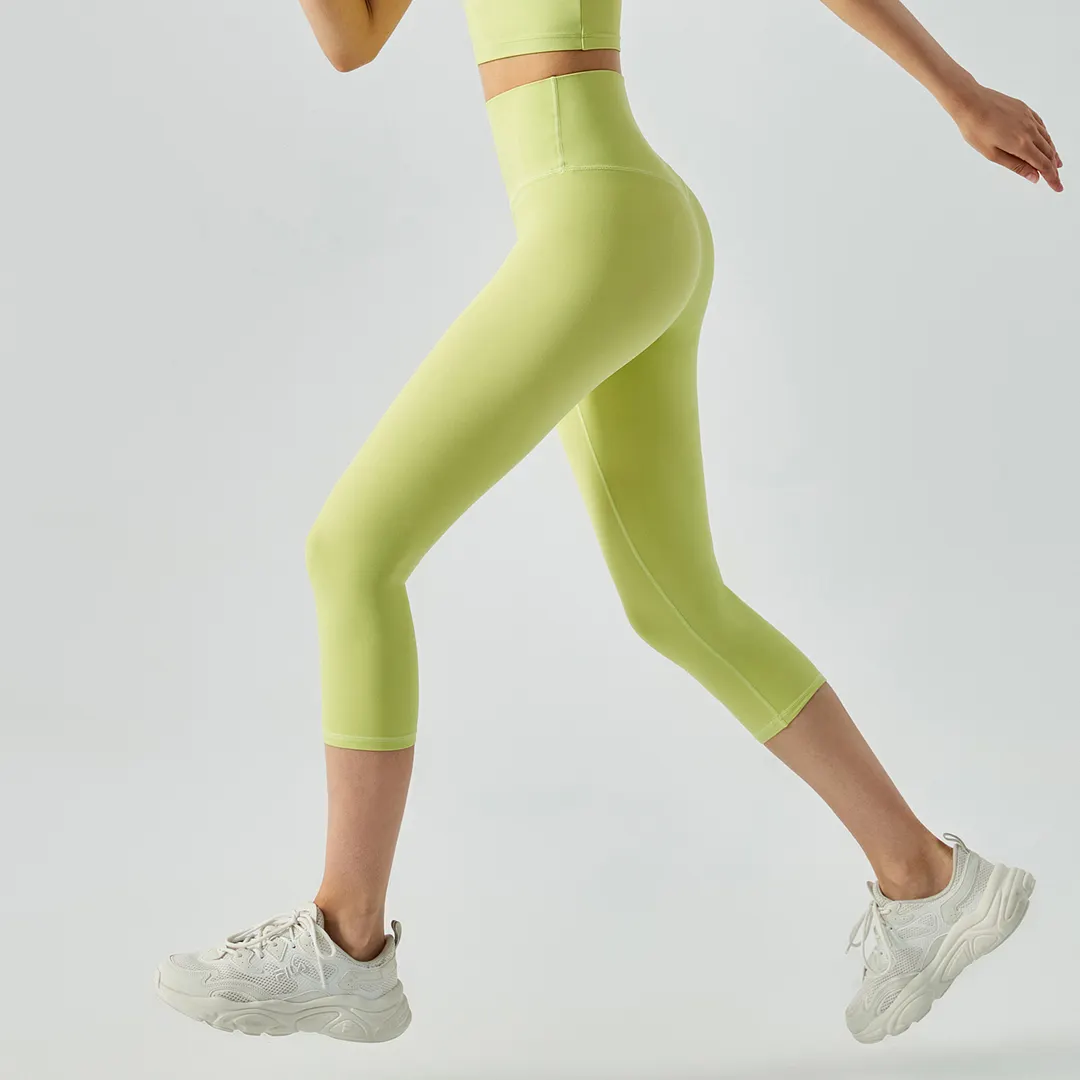 Buy no front seam slim fit freely stretchable fitness squat proof not see through comfy workout sports gym capri of high quality on Hergymclothing Lime Green