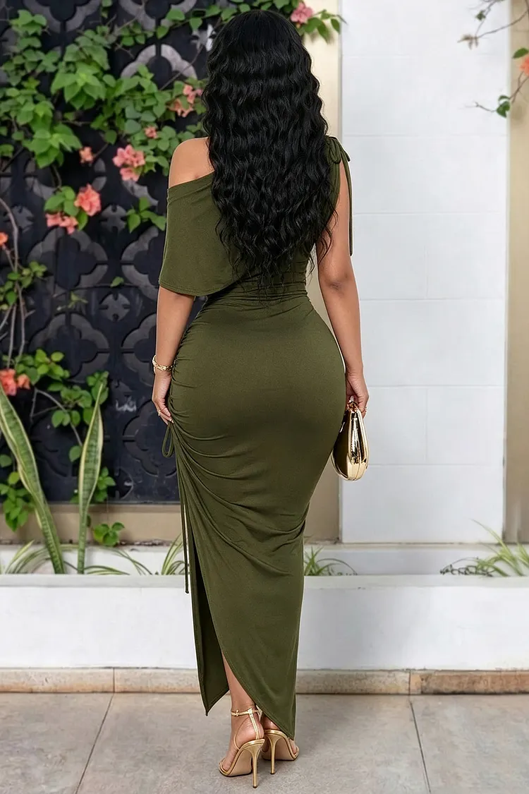 olive green off the shoulder dress Selma Maxi Maxi dress Olive Green Off Shoulder Satin