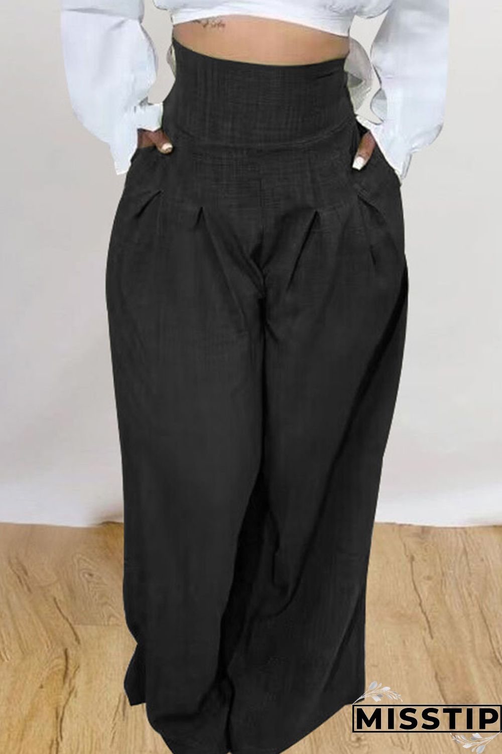 Black Casual Solid Patchwork High Waist Straight Solid Color Bottoms