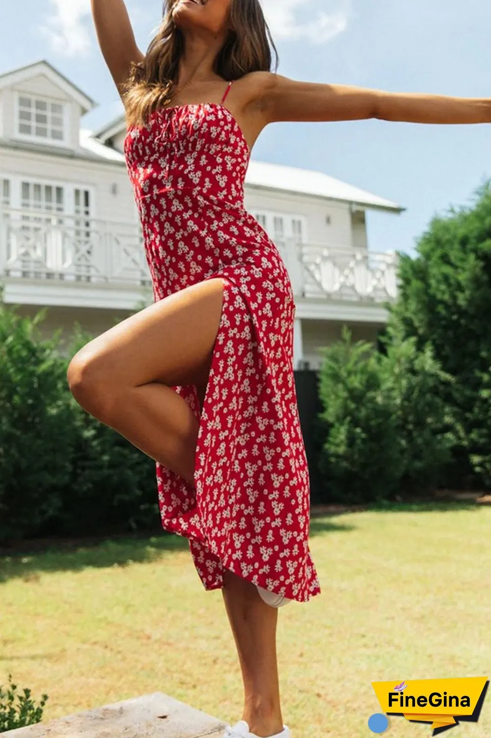 Floral Print V-Neck Short-Sleeved Lace Dress Wq36