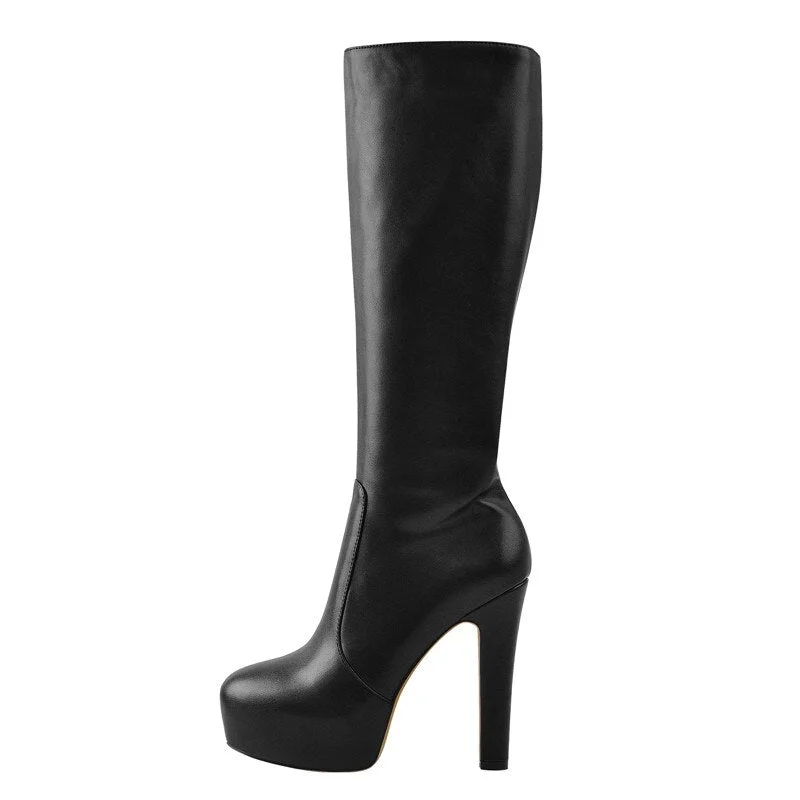Onlymaker Women Knee High Boots Round Toe Black Matte Leopard  White Side Zipper Winter Fashion Party Dress Big Size Boots