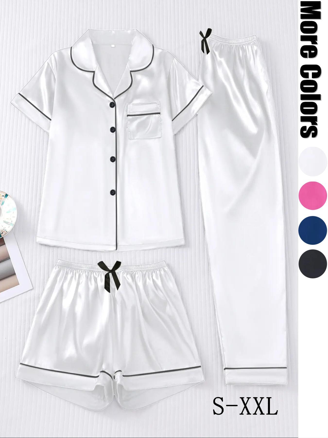 Women's Solid Satin Pyjama Three-piece Set, Elegant Comfy Short Sleeve Lapel Neck Button Up Top & Shorts & Pants PJ Set, Ladies Sleepwear for All Seasons