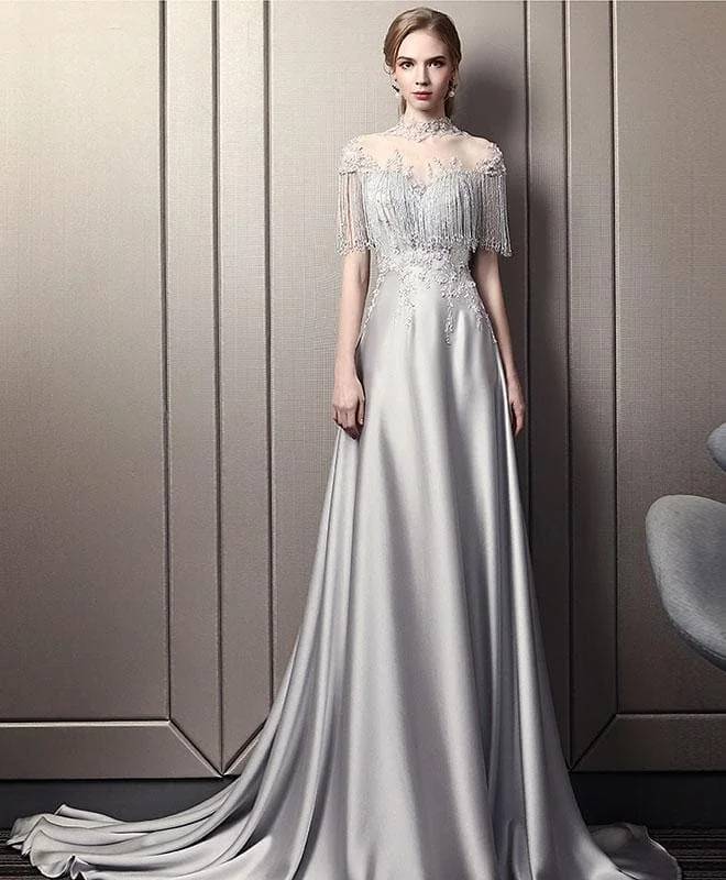 Gray Lace Satin Long Prom Dress, Gray Evening Dress