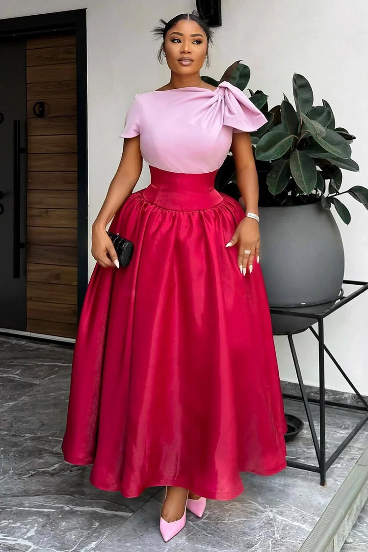 Short Sleeve Tie Up Cinch Waist Colorblock Maxi Dresses-Red
