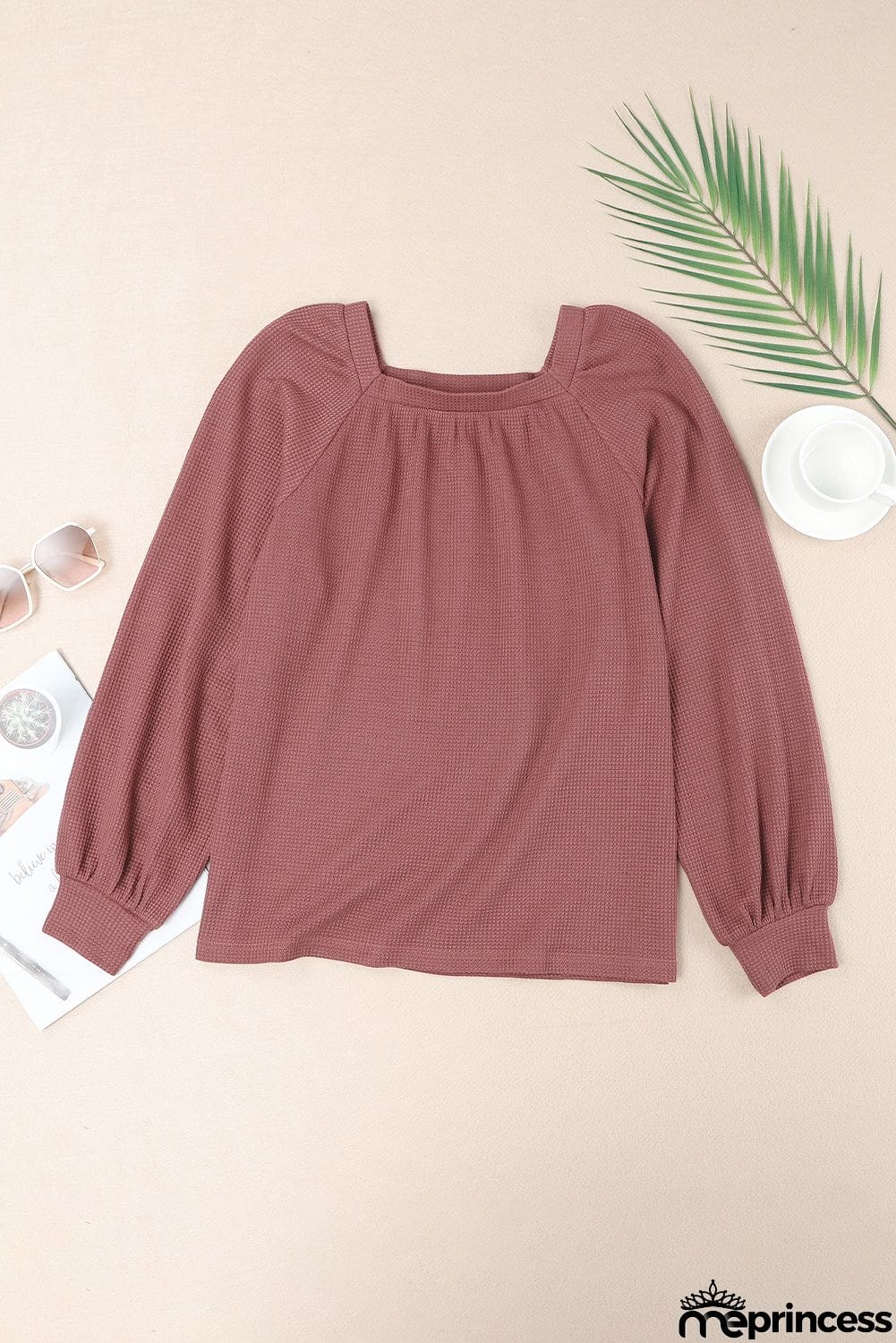 Scoop Neck Puff Sleeve Waffle Knit Top