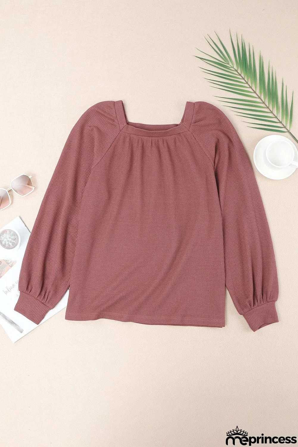 Scoop Neck Puff Sleeve Waffle Knit Top