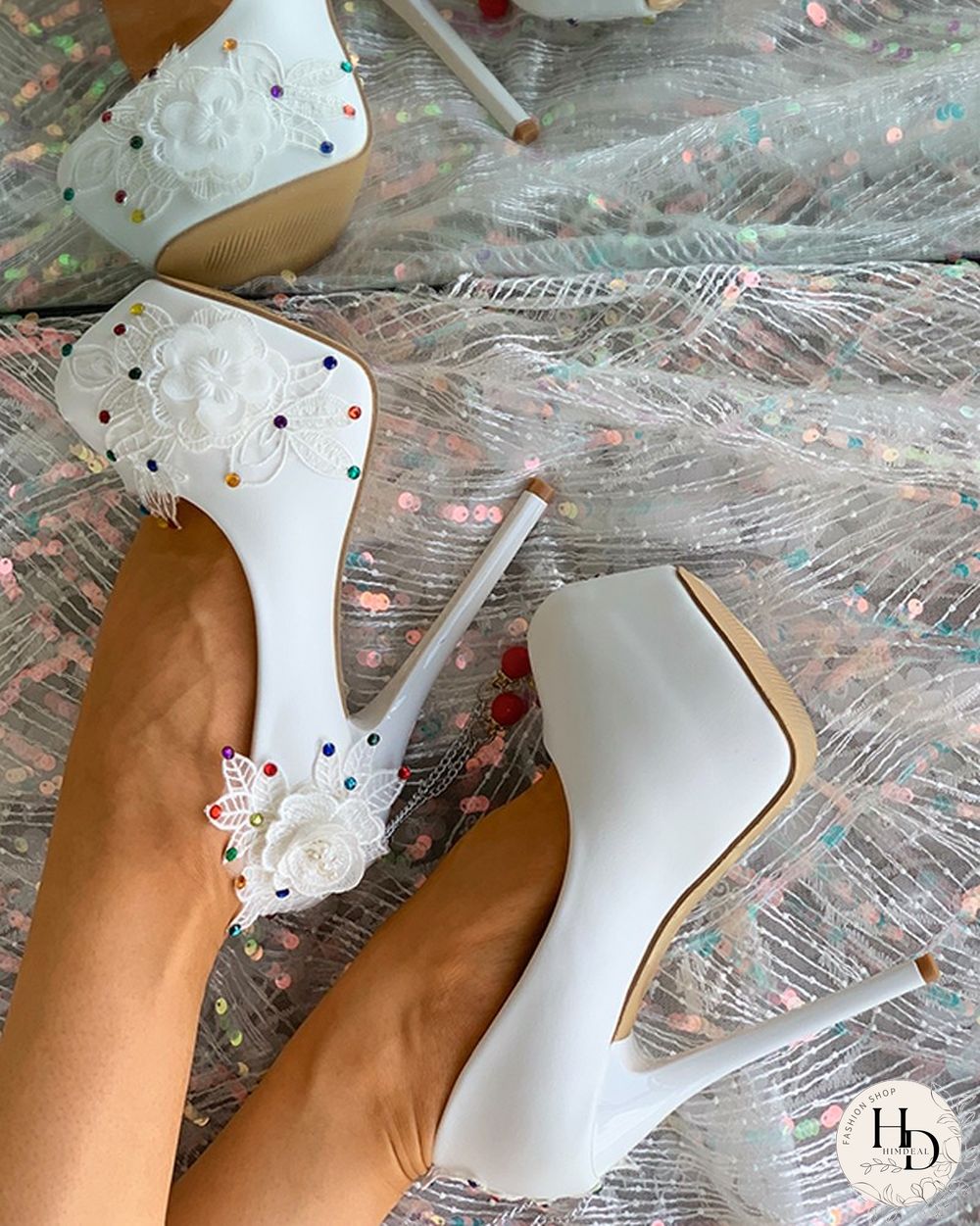 Floral Pattern Colorful Studded Thin Heels