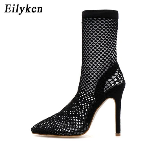 Eilyken Women Pointed Toe Mesh Holes Sandals Sexy Summer Shoes Breathable Cool Spring OL Party High Heel Anckle Boots size 35-40
