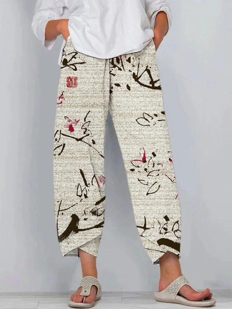 Comstylish Ink Painting Floral Print Women's Linen Trouser