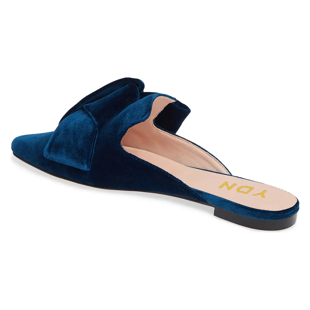 Velvet Pointed Toe Knot Decor Flat Women's Mules Shoes in Dark Blue