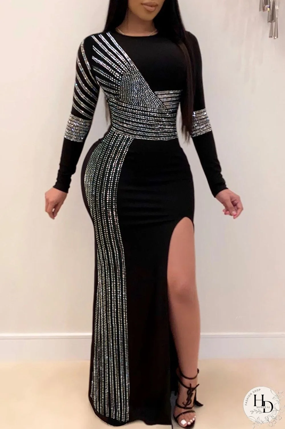 Black Fashion Sexy Solid Slit Hot Drill O Neck Swagger Dresses